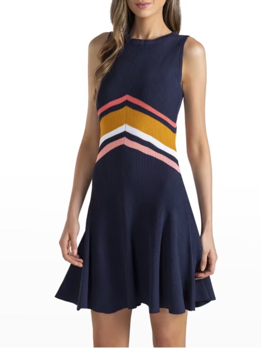 Shoshanna Sleeveless Lyla Navy Ribbed Knit Chevron Fit & Flare Mini Dress XS